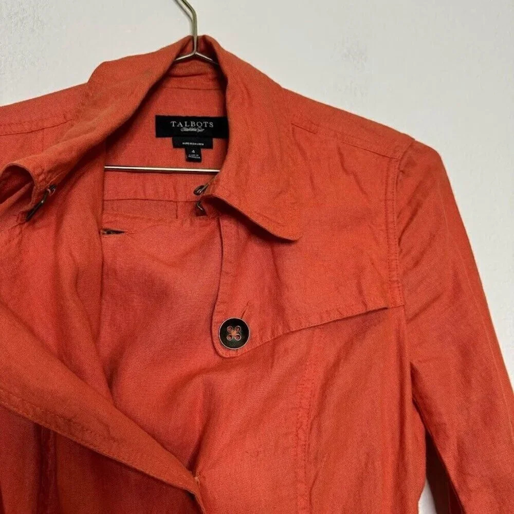 Talbots Orange Irish Linen Trench Coat Button Belted Summer Spring Jacket Sz 4P - Picture 10 of 14